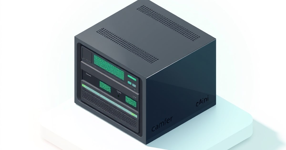 Isometric white and dark grey mini PC with front USB ports and side ventilation slots, resting on a raised plinth