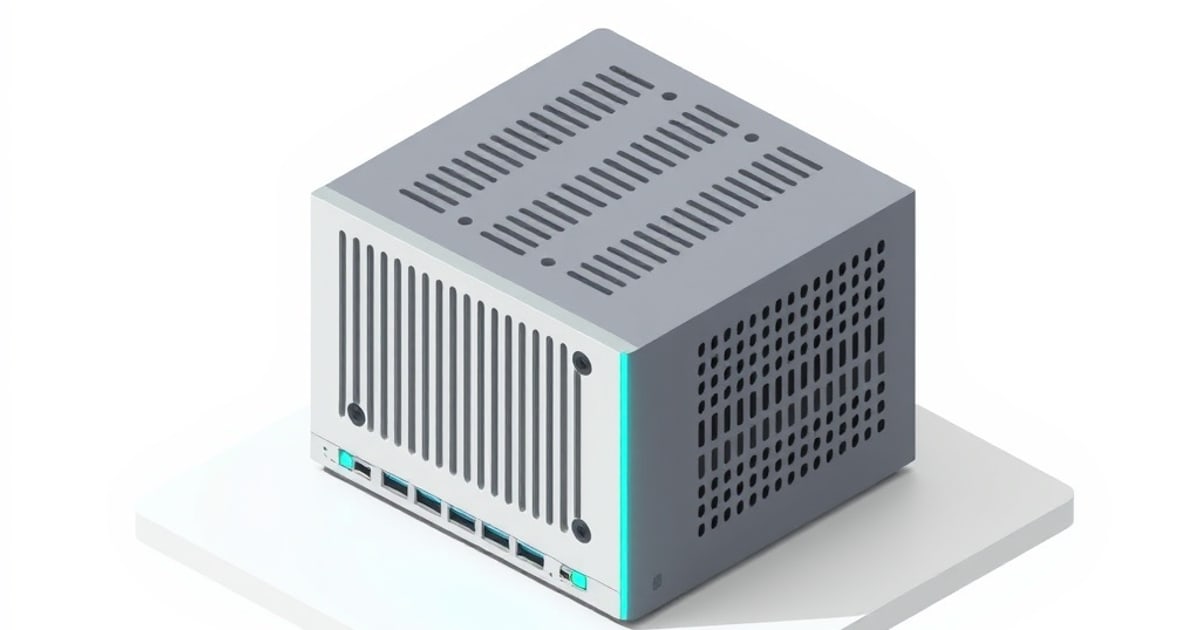 Flat isometric illustration of a grey vented mini PC cube with a teal-lit front edge and a row of blue USB ports, on a white pad.