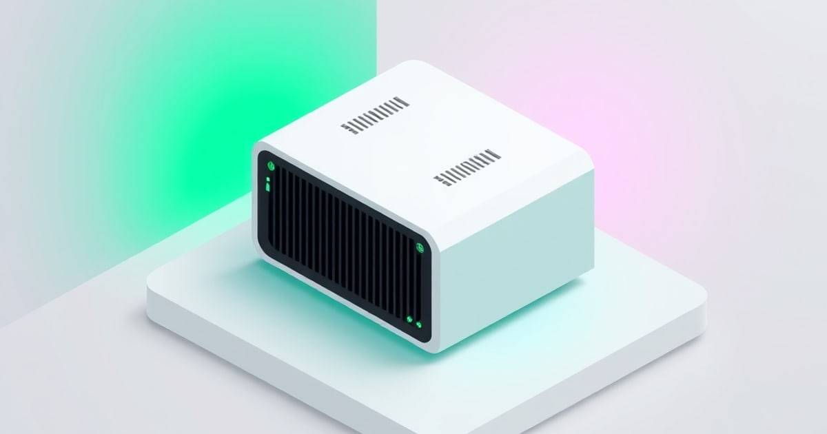 Flat isometric illustration of a white mini server with a black slotted front grille and green status lights on a white pad, against a green and pink glow.