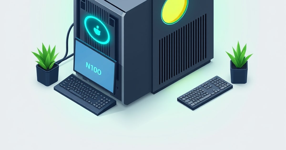Isometric compact home server with UPS, network switch, and low-power fanless mini PC design