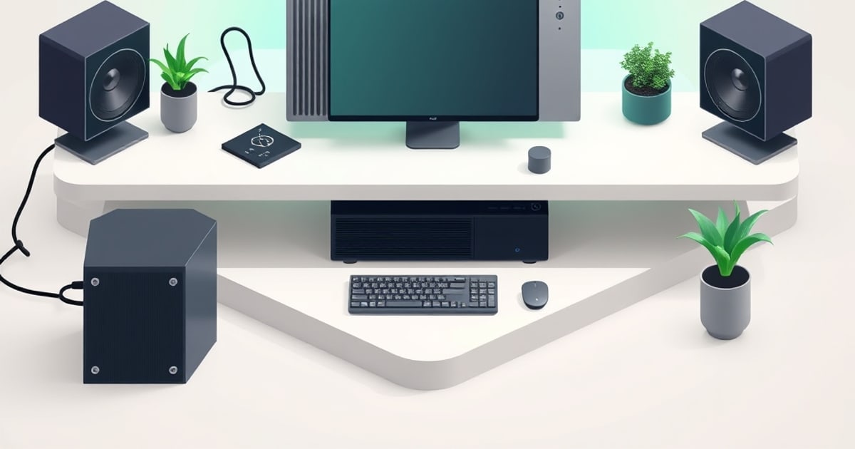 Flat isometric illustration of a tidy desk with a monitor, compact PC, speakers, and plants, evoking an always-on home setup.