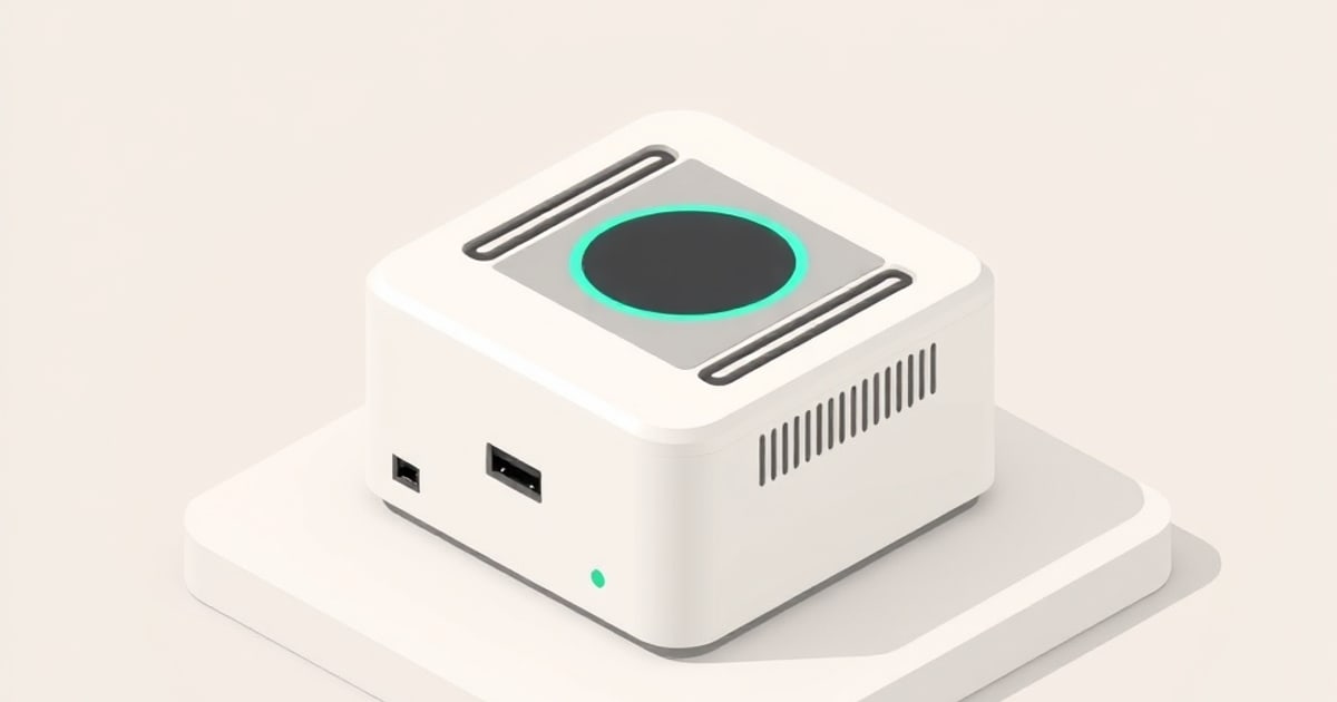 A white isometric mini PC box with a glowing teal power circle on top, side vents, USB and power ports, sitting on a small platform.