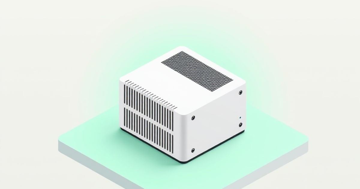 Flat isometric illustration of a white mini PC cube with side vent fins and a mesh top panel, sitting on a mint green pad.