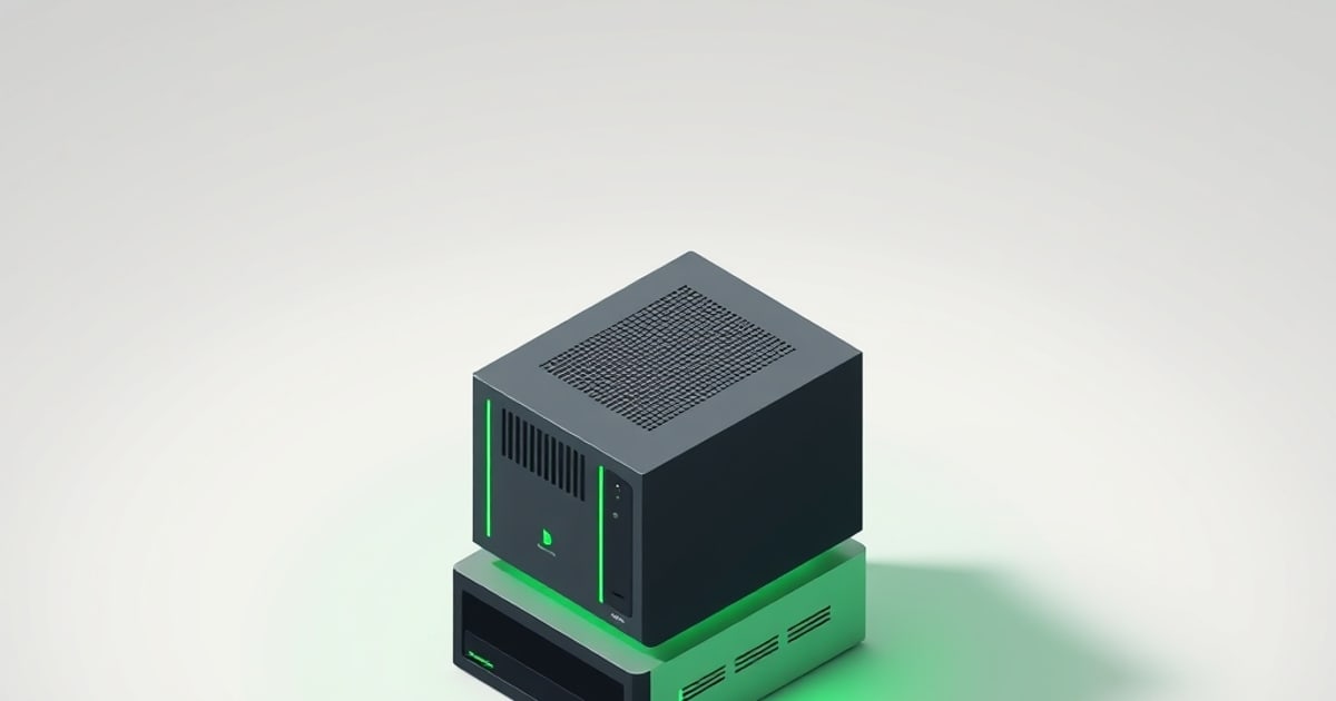 Flat isometric illustration of a black mini PC cube with green light strips and a mesh top, stacked on a green vented unit, on a pale grey background.