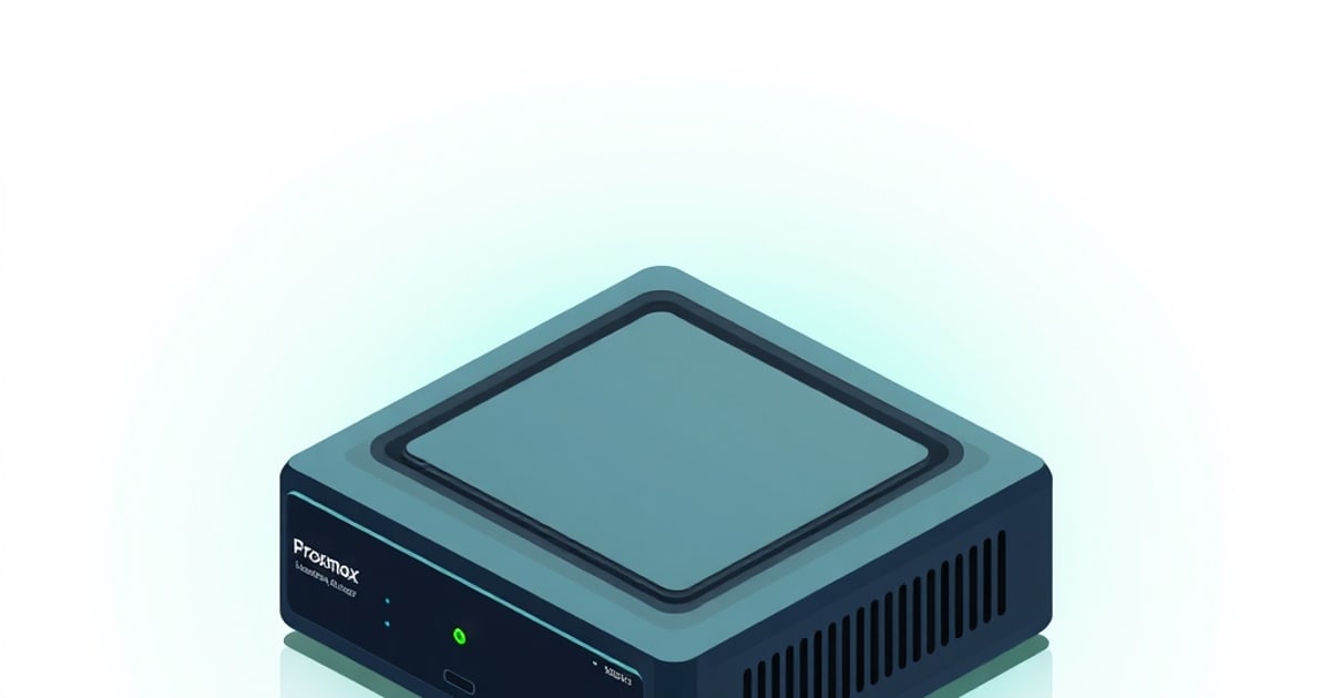 Isometric desktop mini PC displaying Proxmox virtualization management interface with VM containers
